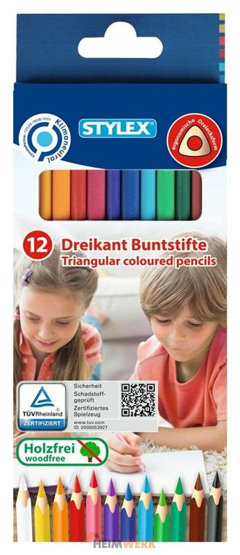 Buntstifte Dreikant, holzfrei, lang [Stylex 25088] 12er Set, lackiert