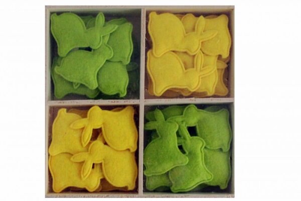 Hasen mit Klebestick Filz  gelb/grün Filz ca.4cm i.Holzbox PA 4,90