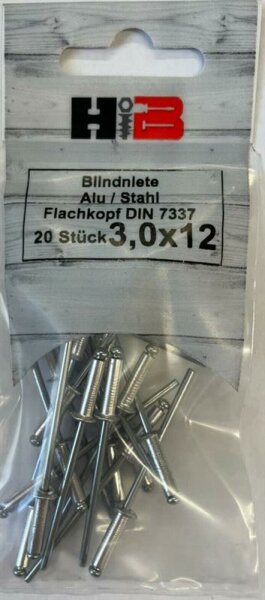 Blindniete Alu/Stahl Flachkopf DIN 7337 hell verzinkt 3,0x12 20 Stück