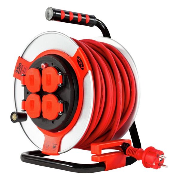 Kabeltrommel 4-fach 25m Stahlblech PROFI IP44  H07RN-F 3G1,5 stahl-rot