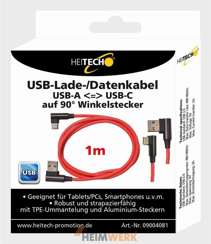 USB-Lade-/Datenkabel USB-A USB-C auf 90° Winkelsstecker, 1m