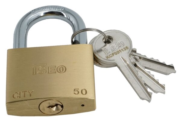 Vorhangschloss Gera 39 Messing 50mm einseitig verriegelt + 3 Schlüssel