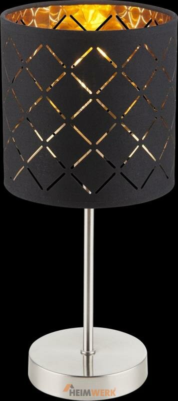 Tischleuchte Metall nickel matt Textil schwarz goldfarben Schirm mit Dekors