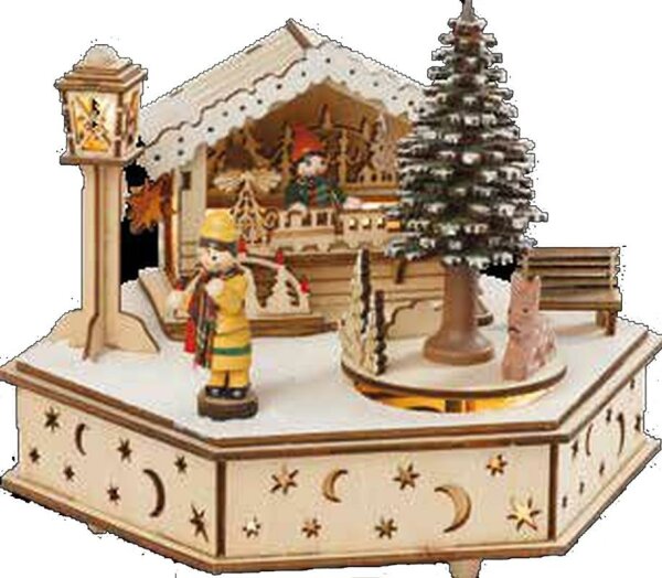 Spieluhr "Weihnachtsmarkt" mit drehendem Baum und LED-Beleuchtung für Batteriebetrieb 20x17x15 cm