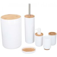Badezimmer-Set 6tlg. Kunststoff weiß+Bambus (Eimer,Seifenspender…)