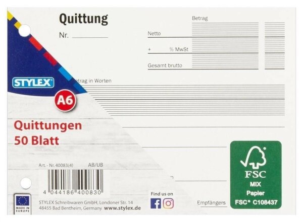 Quittungsblock Din A6 50 Blatt Fsc 6120