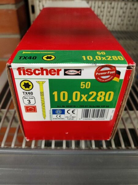 FISCHER Power-Fast 10,0x280 SK gevz TG TX Senkkopf gelb verzinkt Torx 50er Pack