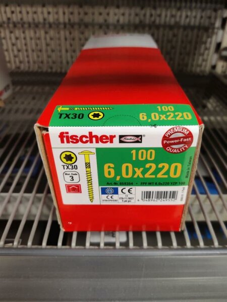 FISCHER Power-Fast 6,0x220 TK gevz TG TX Tellerkopf gelb verzinkt Torx 100er Pack