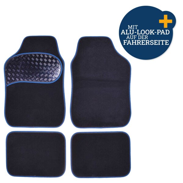 Autoteppich-Set Alu-Look-Pad 4-tlg. anthrazit mit blauem Rand 64x42/42x32cm FILMER