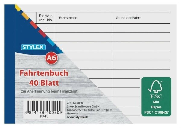 Fahrtenbuch A6 40 Blatt FSC