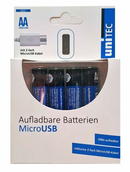 Batterien AA 4er aufladbar mit Micro-USB inkl. Kabel Unitec