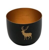 Teelichthalter Metall mit Hirsch 10x10x8,5cm schwarz/gold