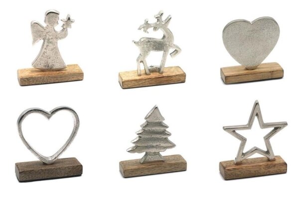 Weihnachtsmotiv auf Standfuß, Mangoholz/Aluminium, ca. 9cm, 6 Designs