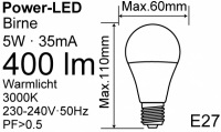 LED Birne 2er Pack A60 5W E27 400lm RA80 3000 K