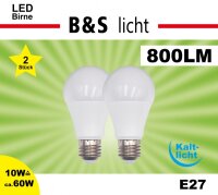 LED Birne 2er Pack A60 10W E27 800 lm RA80 3000 K Kaltlicht