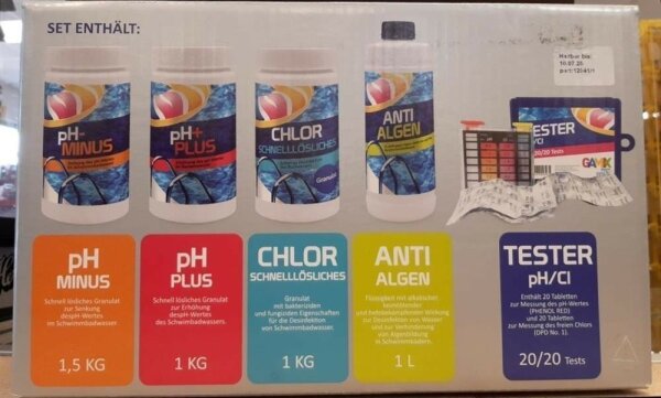 Starterset 5tlg. pH-Minus,pH-Plus,Chlor,Anti-Algen,Wassertester