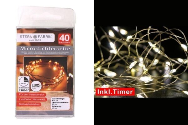 LED-Mikro-Lichterkette 40er Basics mit 6h-Timer, warmweiß