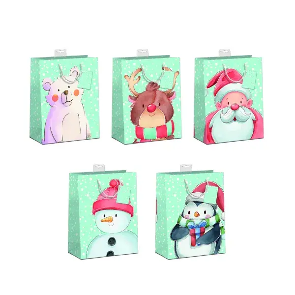Geschenktasche WN mittel 18x23x10cm 5 Motive "Eisbär, Elch, Weihnachtsmann, Schneemann, Pinguin"
