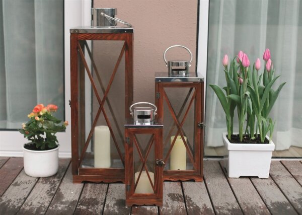 Laterne groß silber, braun Holz/Edelstahl 25,5x25,5x71cm