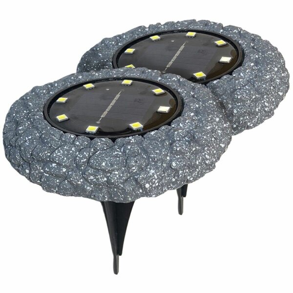 LED Solar Bodenstrahler 2er, grauer Kunststein Kaltweiß