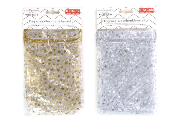 Organza Geschenkbeutel "Sterne" 6er 18x13cm silber/gold