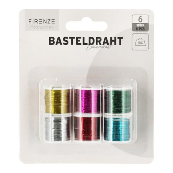 Basteldraht, Blumendraht, 6er colormix, 18g Eisen, 6 Farben sort., Rolle, auf Blistercard, Länge: ca. 3,40m