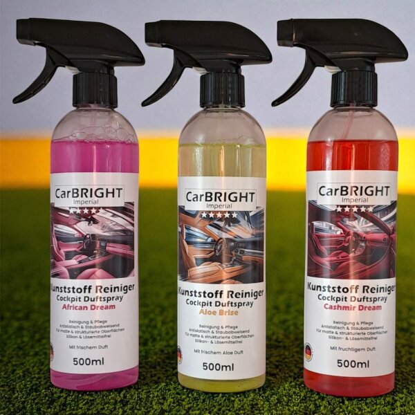 CarBRIGHT 3er Set Kunststoff-Reiniger/Cockpitspray African, Aloe & Cashmere (je 500ml)