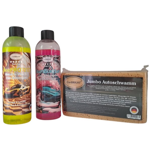 CarBRIGHT 3er Auto Waschset Shampoo BeeProtect & GumBlaster & Jumbo Schwamm