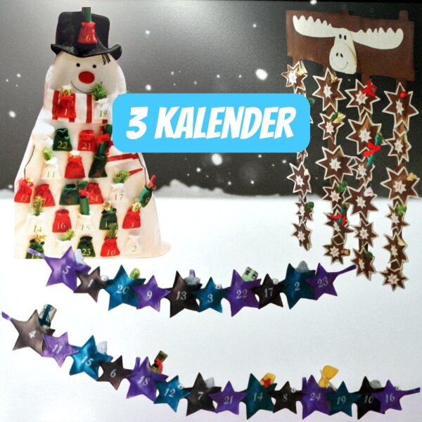 3 Stück Adventskalender Filz zum Befüllen Motiv Elch+Schneemann+Sterne