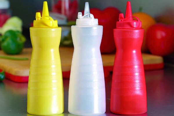 3 Quetschflaschen für Senf, Majo und Ketchup gelb,weiß,rot Ø 8 cm H 24,5 cm 0,7 Liter