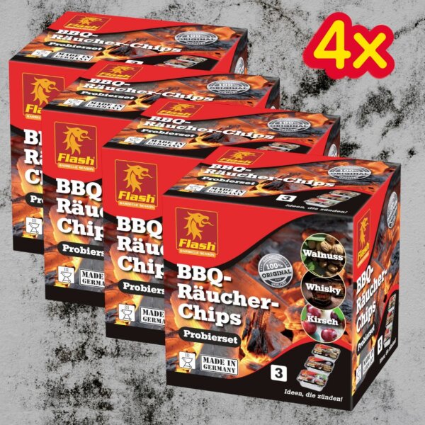 4 x BBQ-Räucher-Chips 3er Pack Whisky,Kirsche,Walnuss Räucherspäne FLASH