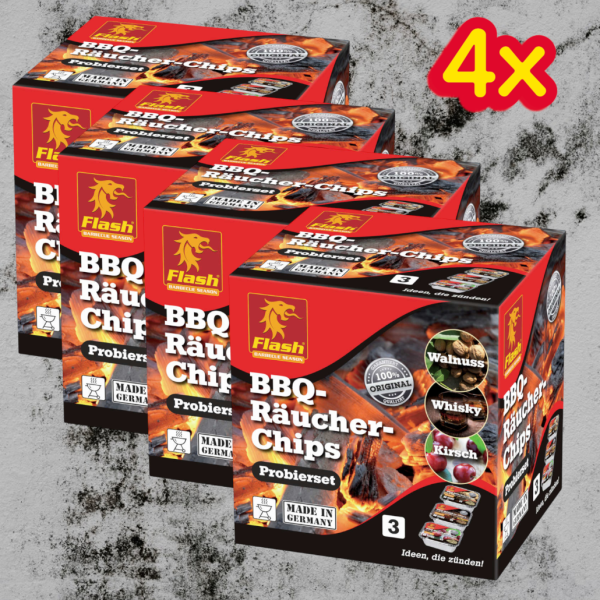 4 x BBQ-Räucher-Chips 3er Pack Whisky,Kirsche,Walnuss Räucherspäne FLASH