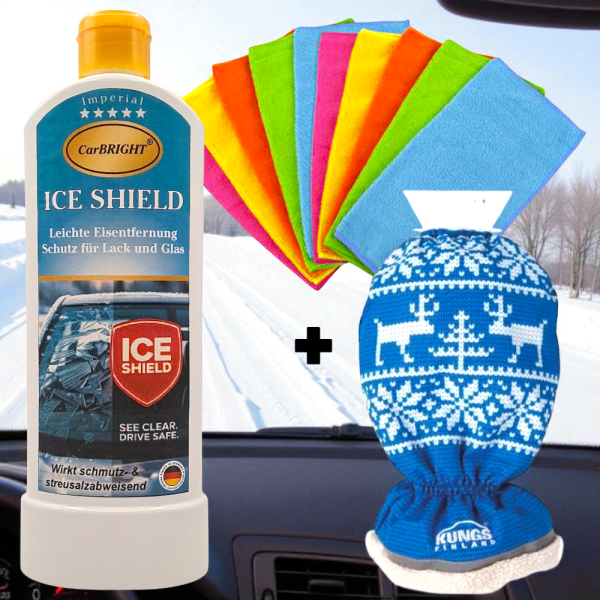 Winterset 3tlg. CarBRIGHT ICE Shield 500ml & Mikrofasertücher & Eiskratzer