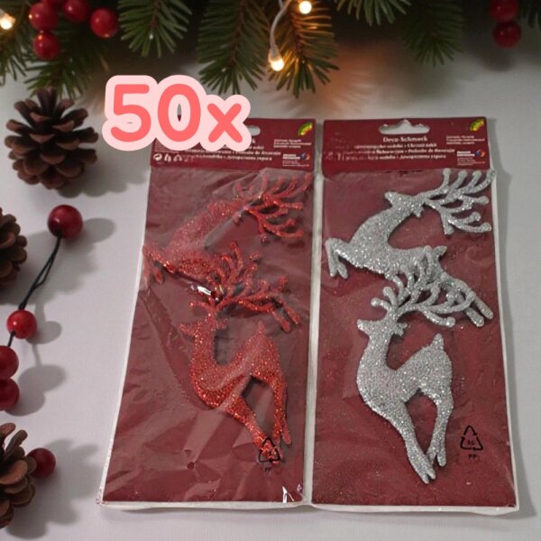 50 x Glitzer Rentiere 2er  rot/silber 15cm Dekoration Weihnachten zum Hängen