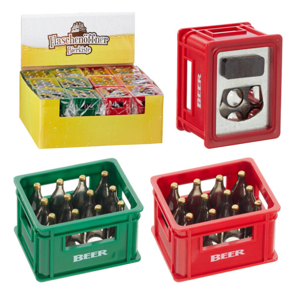 Flaschenöffner "Bierkiste" mit Magnet,ca. 6cm rot und grün sort. i.DP