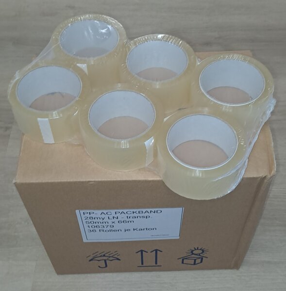 1 Karton mit je 36 Rollen Packband/Paketklebeband transparent 50mmx66m, 28my